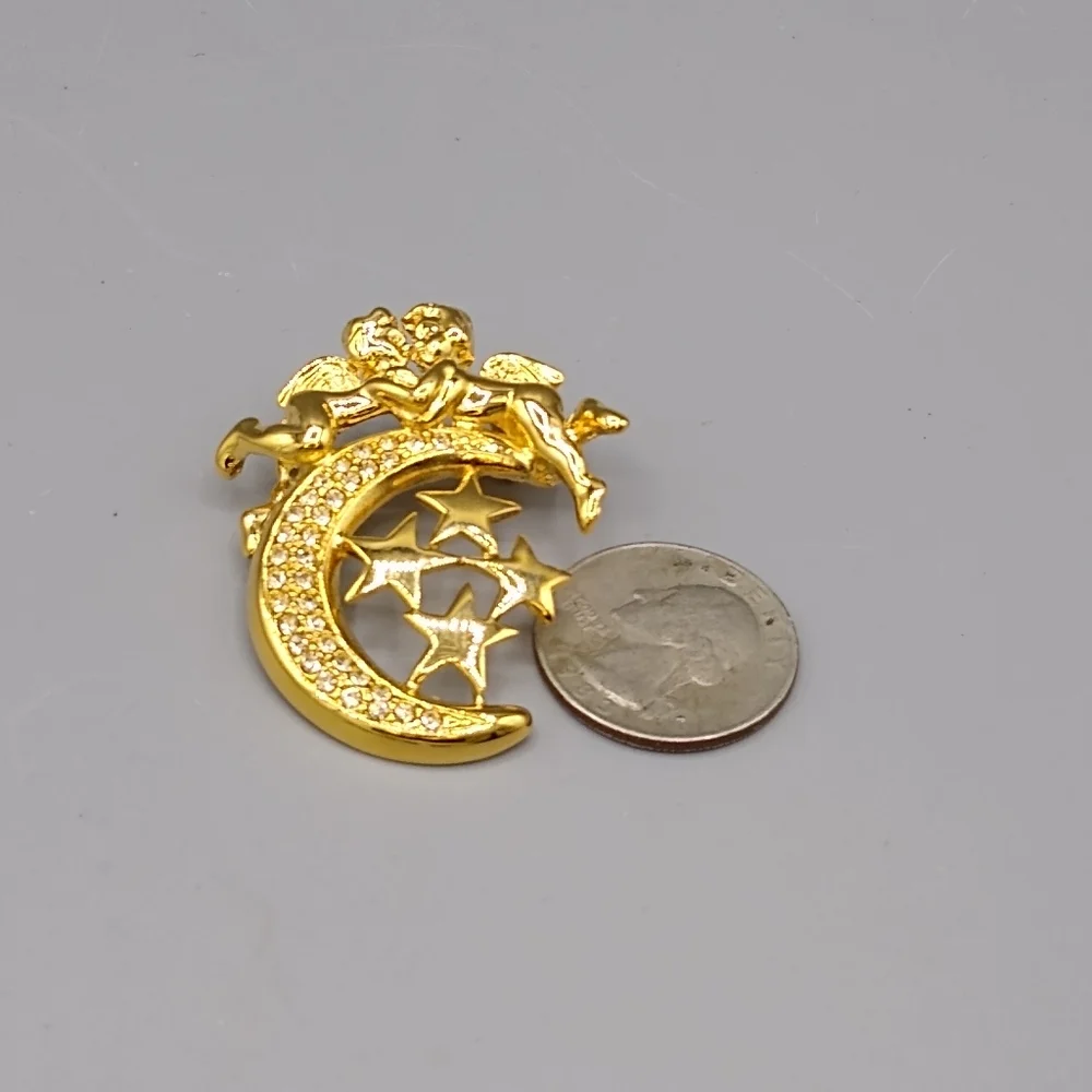 Cherub Crescent Moon Angel Brooch with Rhinestone Stars Valentine's Gift Vintage - Picture 14 of 15